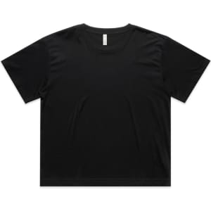 A black crop tee with a relaxed fit, featuring a simple design and a brand logo.