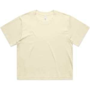 A cropped tee in a light cream colour, featuring a casual, relaxed fit. It includes a logo on the label.