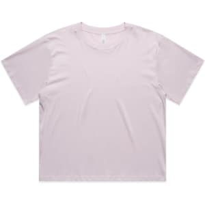 A light pink cropped t-shirt with short sleeves and a round neckline, featuring a logo.