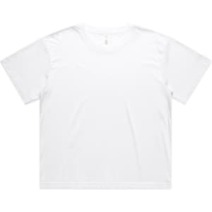 A white crop tee featuring a relaxed fit and short sleeves, with a logo on the back.