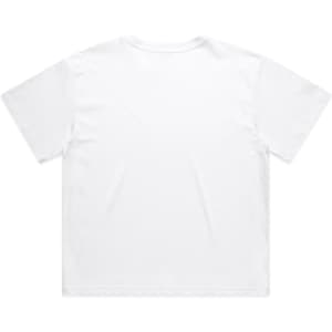 A white short-sleeved crop tee with a plain back. The shirt features a logo.