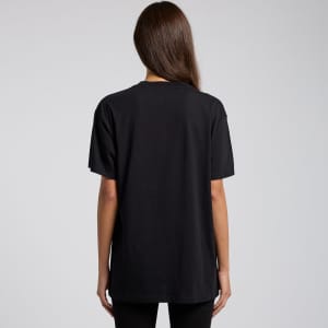 A black oversized T-shirt featuring a simple design and a logo. The model is seen from the back.