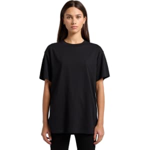 A black oversized t-shirt with short sleeves, featuring a logo on the front. Suitable for casual wear.