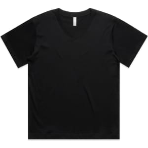 A black V-neck T-shirt with short sleeves and a simple design. The shirt has a label but no visible logos.