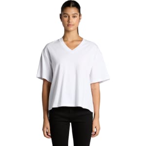 A white V-neck T-shirt with short sleeves and a loose fit, featuring a branding logo.