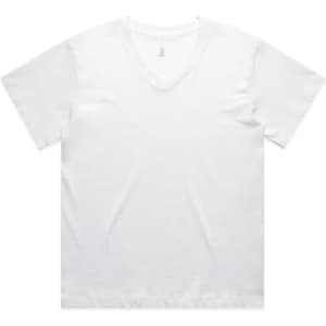 A white V-neck T-shirt featuring short sleeves and a simple design, with a logo on the label.