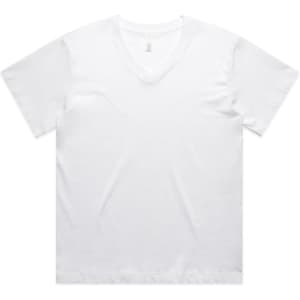 A white V-neck T-shirt with short sleeves, featuring a subtle logo. Ideal for casual wear.