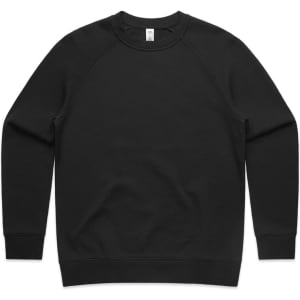 A black jumper with long sleeves and a round neckline. It features a simple design and has a branding logo.