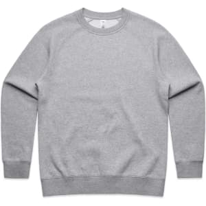 A grey crew jumper with ribbed cuffs and hem, featuring a simple design and a logo on the tag.