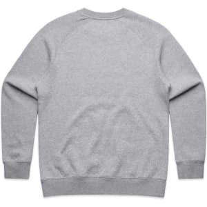 A grey jumper with a plain back design, featuring raglan sleeves and a ribbed hem. There is a logo on the garment.