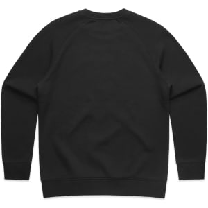 A black sweater with a simple, unadorned design and a logo on the back.