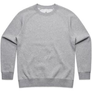 A grey jumper featuring long sleeves and a ribbed hem, with a small logo on the front.
