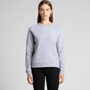 A grey sweater featuring a round neckline and long sleeves, displayed on a model against a plain background.