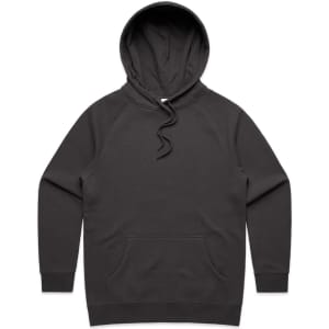 A black hoodie with a front pocket and a drawstring hood, featuring raglan sleeves and a logo.