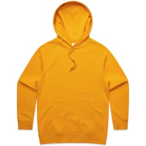 A bright yellow hoodie with a spacious front pocket and an adjustable drawstring hood. It features a logo.