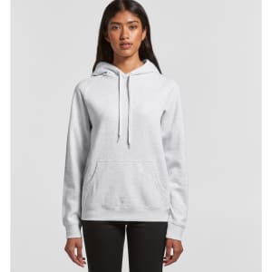 A grey hoodie with a front pocket and a drawstring hood, featuring a logo. Designed for comfort and style.