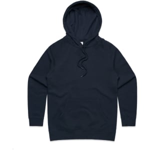 A dark navy hoodie featuring a front pocket and a drawstring hood. It has a branding logo.