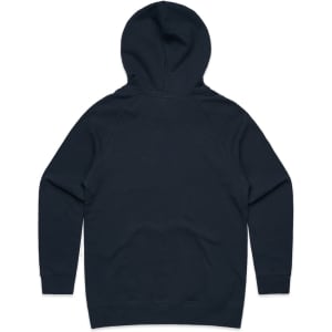 A dark navy hoodie with a hood and long sleeves, featuring a plain back without any visible logos.