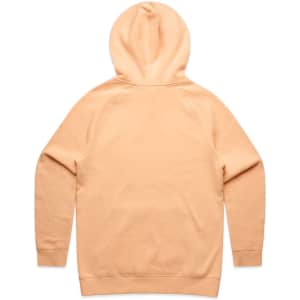 A peach-coloured hoodie with a hood and long sleeves, featuring a plain back and a logo.