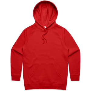 A red hoodie featuring a spacious front pocket and a drawstring hood. It has a logo on the front.