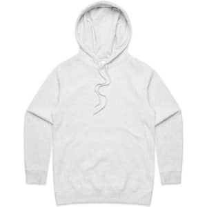 A light grey hoodie with a drawstring hood and a front pocket. It features a logo on the material.