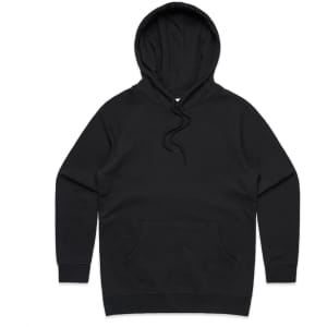 A black hoodie featuring a front pocket and a drawstring hood. It has a simple design and includes a logo.