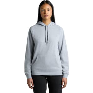A grey hoodie with a front pocket and a drawstring hood, featuring a logo on the front.