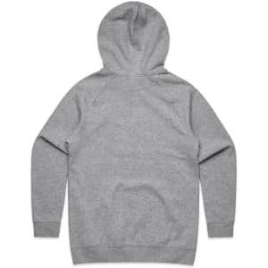 A grey hoodie showcasing a simple design with a hood and long sleeves, featuring a logo on the back.