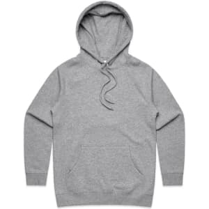 A grey hoodie with a front pocket and drawstring hood. Includes a logo on the front.