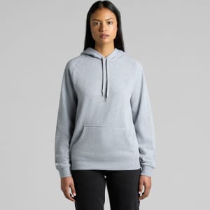 A grey hoodie with a front pocket and drawstring hood, featuring a logo. Designed for casual wear.