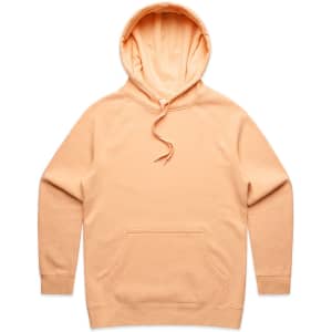 A peach-coloured hoodie with a front pocket and a drawstring hood. It features a logo on the front.