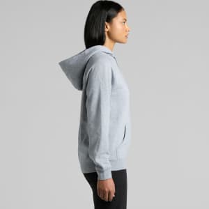 A grey hoodie with a front pocket and a hood, featuring a logo. The model is shown from the side.