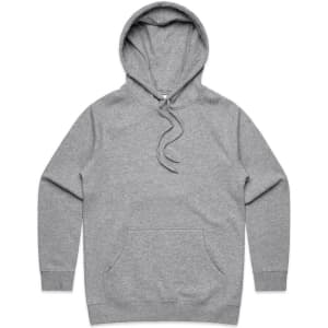 A grey hoodie with a front pocket and a drawstring hood. It features a logo on the front.