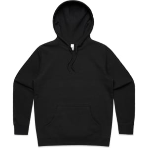 A black hoodie featuring a front pocket and drawstring hood. It has a logo on it.