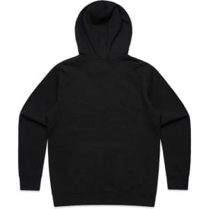 A black hoodie featuring a back view with a hood and long sleeves. It has a logo on the back.