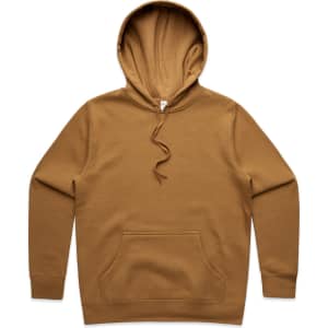 A brown hoodie with a front pocket and a drawstring hood. It features a logo on the chest.