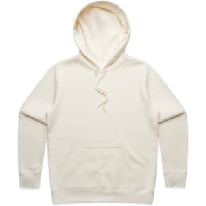A cream-coloured hoodie featuring a front pocket and an adjustable hood. It has a logo present.