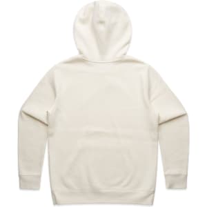 A cream-coloured hoodie featuring a hood and long sleeves, with a smooth back design and a branding logo.
