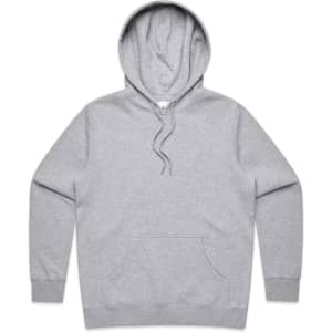 A grey hoodie with a front pocket and drawstring hood. It features a logo on the front.