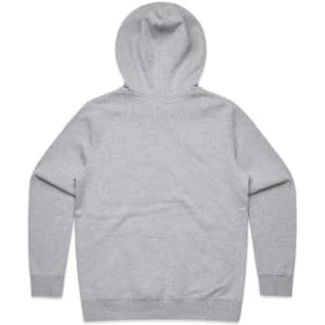 A grey hoodie featuring a hood, long sleeves, and a plain back design. It has a logo on the back.