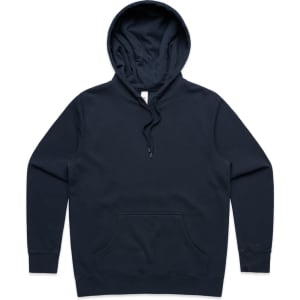 A navy blue hoodie with a front pocket and a drawstring hood, featuring a logo.