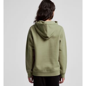 A green hoodie with a hood, shown from the back, featuring a simple design and a branded logo.