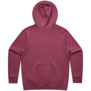 A maroon hoodie with a kangaroo pocket and a hood, featuring a logo on the back.