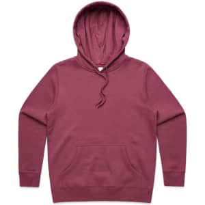 A maroon hoodie with a front pocket, drawstring hood, and a logo on the chest.