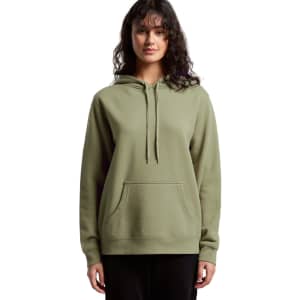 A green hoodie with a kangaroo pocket, featuring a drawstring hood and a casual fit. It has a logo on the front.