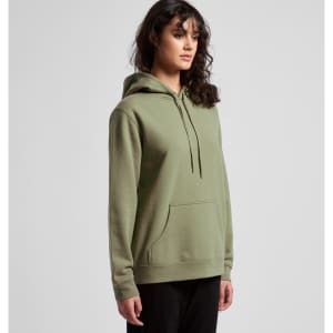 A green hoodie with a front pocket and a drawstring hood is displayed on a model. It has a logo.