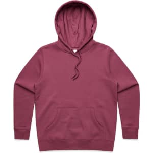 A maroon hoodie featuring a front pocket and a hood, with an attached drawstring. It has a logo on it.