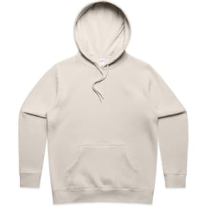 A beige hoodie featuring a front pocket and an adjustable drawstring hood, with a logo on the inside.