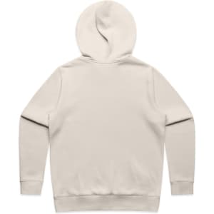 A beige hoodie with a plain back and a drawstring hood, featuring a logo on the front.