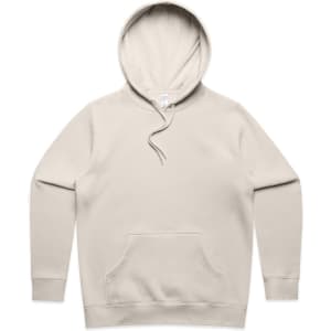 A beige hoodie with a front pocket and a drawstring hood, featuring a logo on the label.